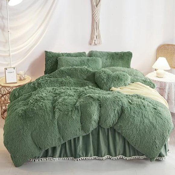 QUEEN ONLY   Fluffy  Comforter Cover Set Faux Fur Green Bedding 3 Pieces… - Picture 3 of 15
